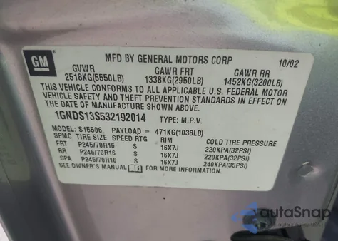 2003 Chevrolet Trailblazer Lt from USA, damaged, VIN 1GNDS13S532192014